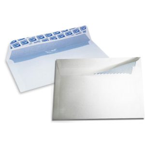 Enveloppe blanche format F10 avec patte autocollante et intérieur bleu de sécurité Faras International.