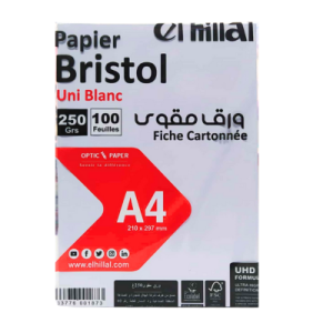 Ramette de 100 feuilles papier Bristol uni blanc El Hillal 250g format A4 UHD.