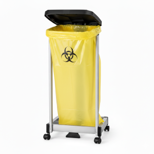 Support de sac poubelle médical avec sac jaune biohazard pour déchets à risques infectieux (DASRI).